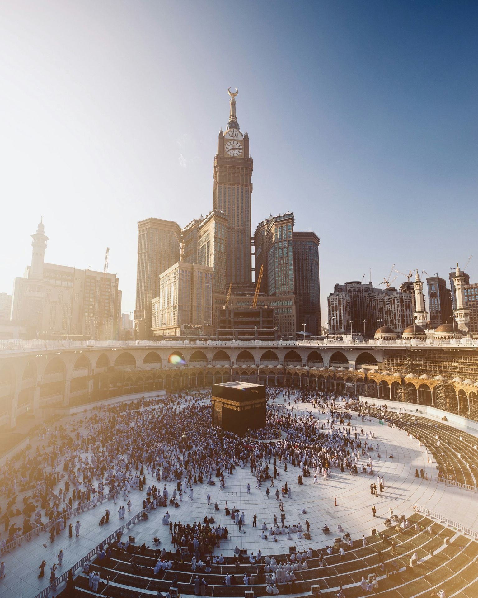 Pilgrims around the Kaaba at the Masjid al-Haram in Makkah at sunset